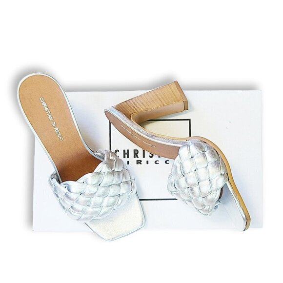 NWT CHRISTIAN DI RICCIO Silver Metallic Braided Band Heel Slip-on Sandals - Picture 5 of 7